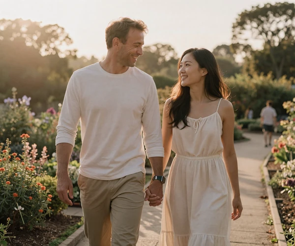 Happy interracial couple walking together in warm sunlight, representing successful Naomidate cross-cultural relationship